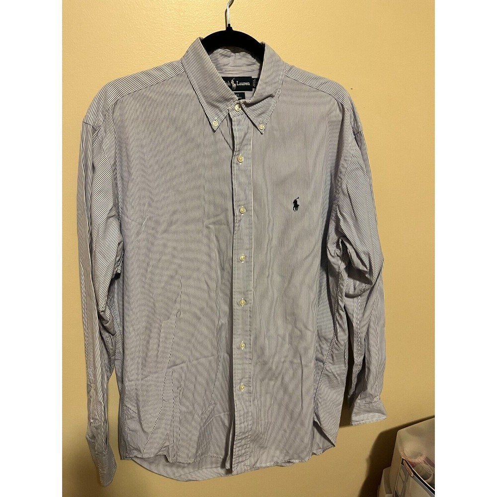 Ralph Lauren Shirt Men's M Blue White Striped Long Sleeve Button Down Pony Blake